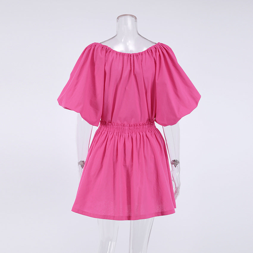 Summer New Fashion Leisure Suit V-Neck Cotton Hemp Women Lantern Sleeve Shirt Short Two-Piece Set