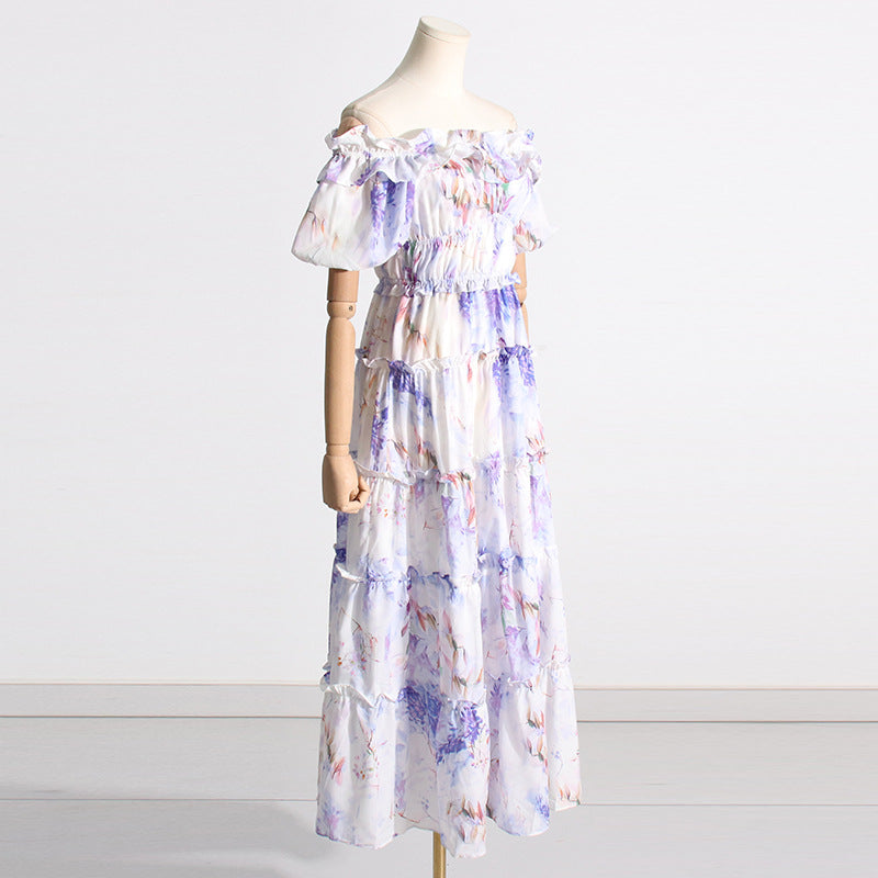 New Spring New Style One Shoulder Fold Print Lady Long Style Swing Dress