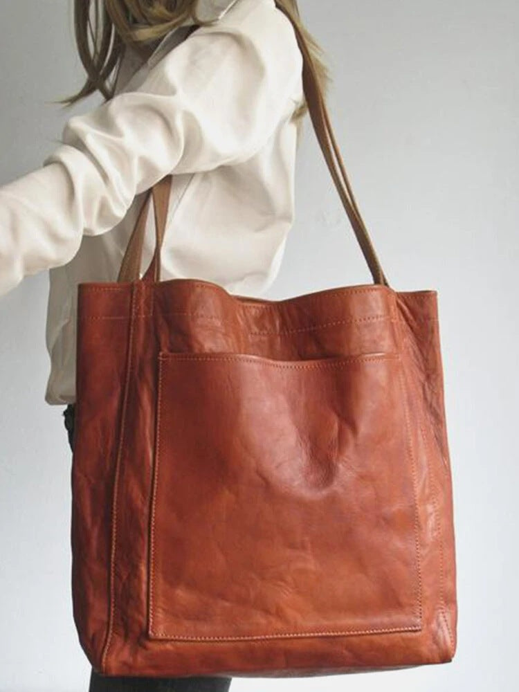 Women's Soft Leather Hand Bill With Pocket Shoulder Vintage Oil Wax Leather Large Capacity New Tote Bag For