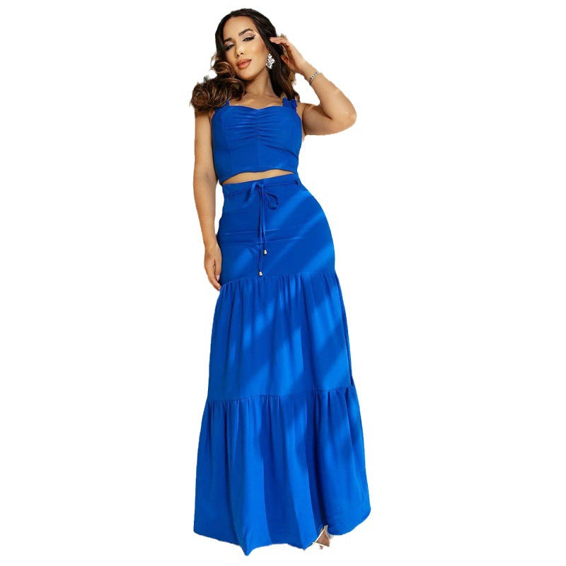 Women's Two-Piece Summer Solid Color Sexy Lace-Up Dress Fashion Casual Suit