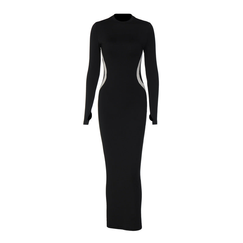 Round Neck Long Sleeve Tight Wrap Hip Skirt Slim-Fit Dress Black High Waist Base With A Long Skirt