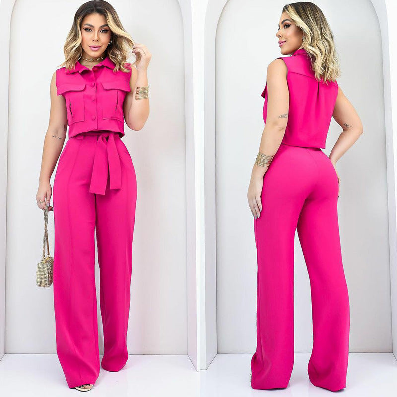 Fashion Casual Suit Women's Sleeveless Summer Lace-Up Trousers False Pocket Women's Two-Piece Set
