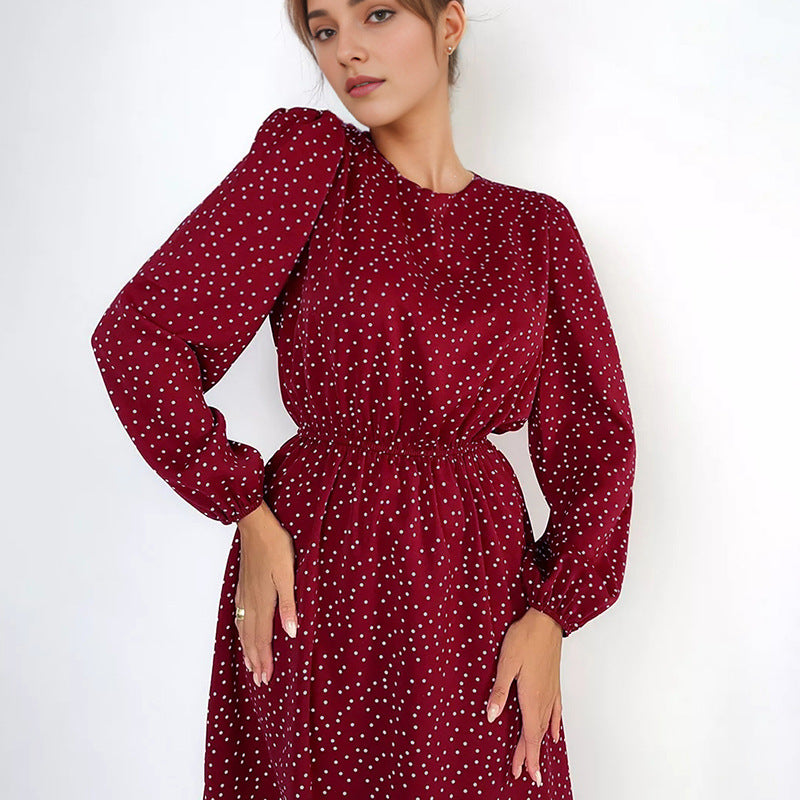 Spring Sexy Polka Dot Slim Round Neck Puffy Sleeve Dress Fashion Wildberries Skirt