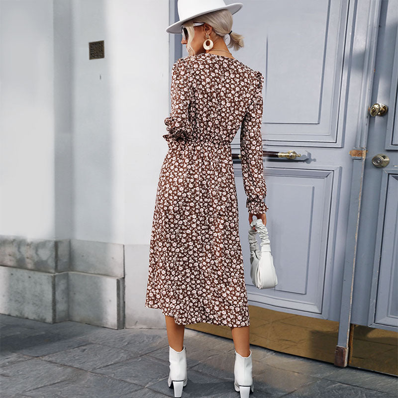 Floral Elegance: Women's Slim Fit Long Dress for Autumn and Winter