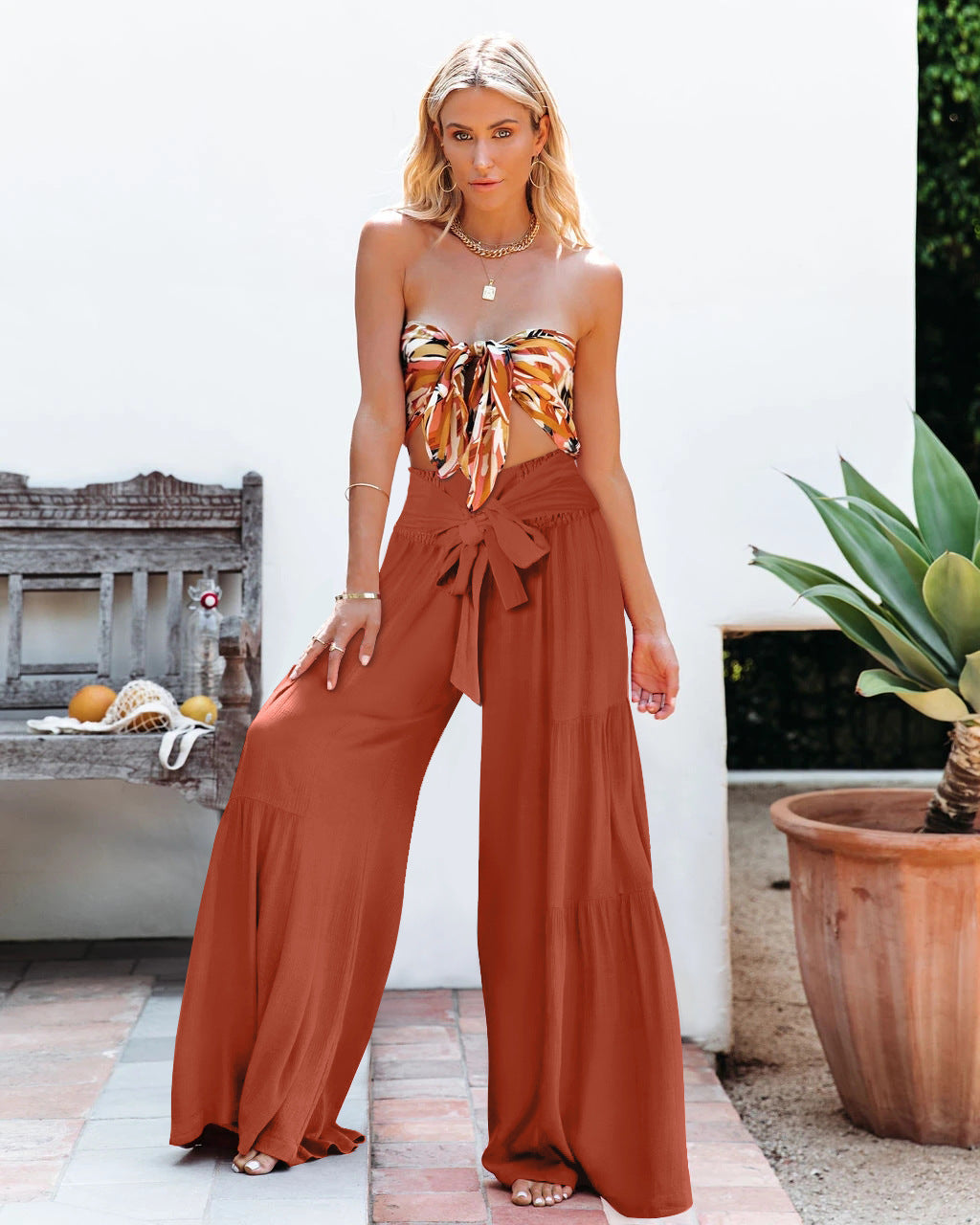 Women's Fashion Temperament Lace-Up Elastic Waist Pleated Wide-Leg Pants Casual Loose Pants