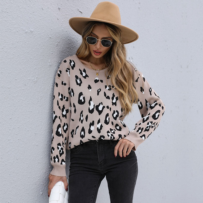 Women's Loose Leopard Print Long-Sleeved Sweater for Autumn and Winter Casual Fashion