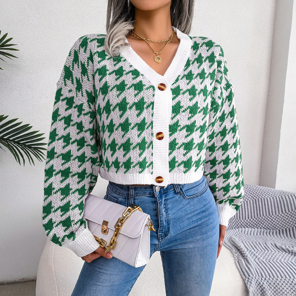 New Autumn And Winter Leisure Lantern Long Sleeve Thousand Bird Check Cardigan Sweater Coat Women's Wear