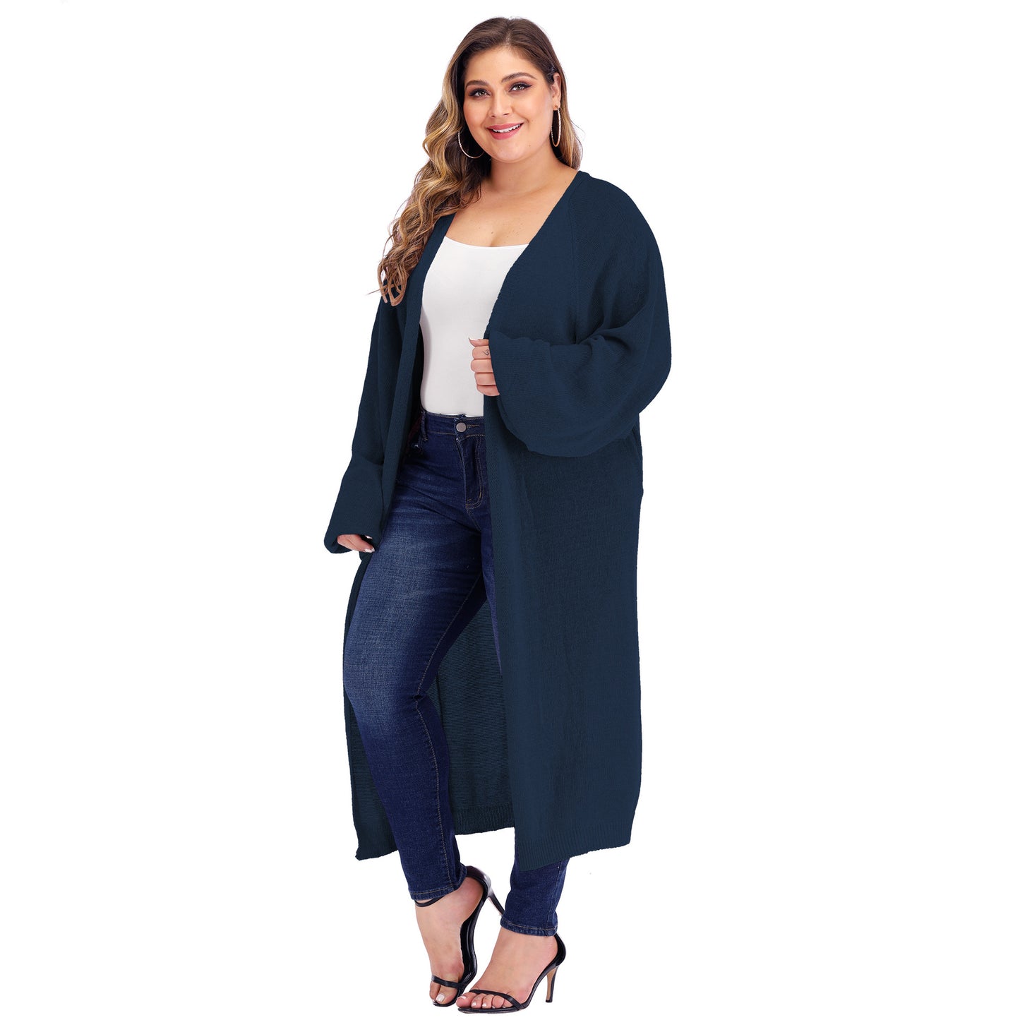 Large Size Women's Loose Pocket Bat Sleeve Lantern Sleeve Long Woven Cardigan Sweater Sweater Coat Women