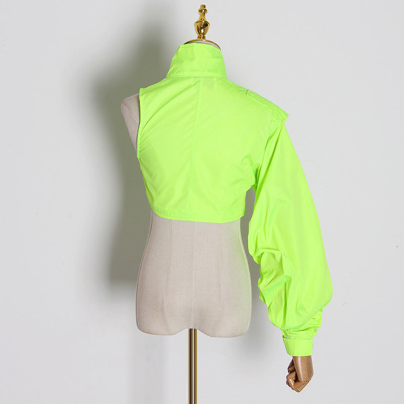 Spring New Fashion Temperament Stand Collar Sexy Off-The-Shoulder Single Sleeve Short Zipper Coat