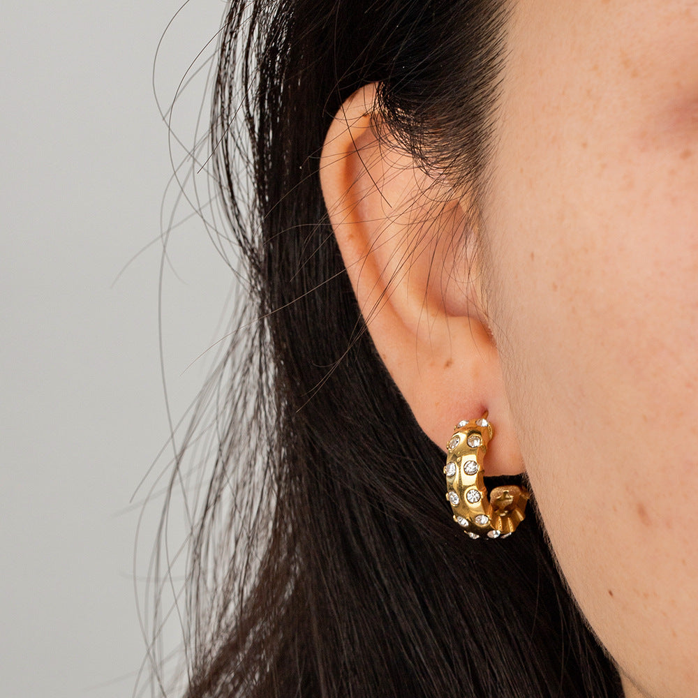 5pcs 16K Gold-Plated Stainless Steel Inlaid Zircon C-Shaped Earrings Do Not Fade Polished Earrings Women Fashion Accessories