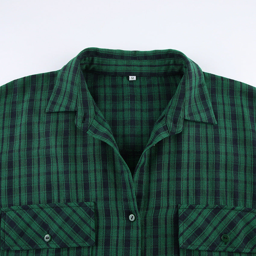 Women's Retro American Plaid Shirt Green Boyfriend Wind Long Loose Oversize Shirt