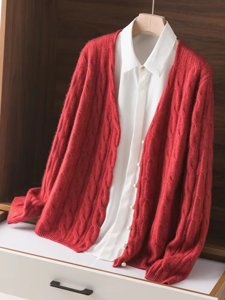 100 Pure Wool Knit Coat Cardigan Collar Loose Twist Autumn/Winter Vintage Cashmere Sweater With Extra Thickness