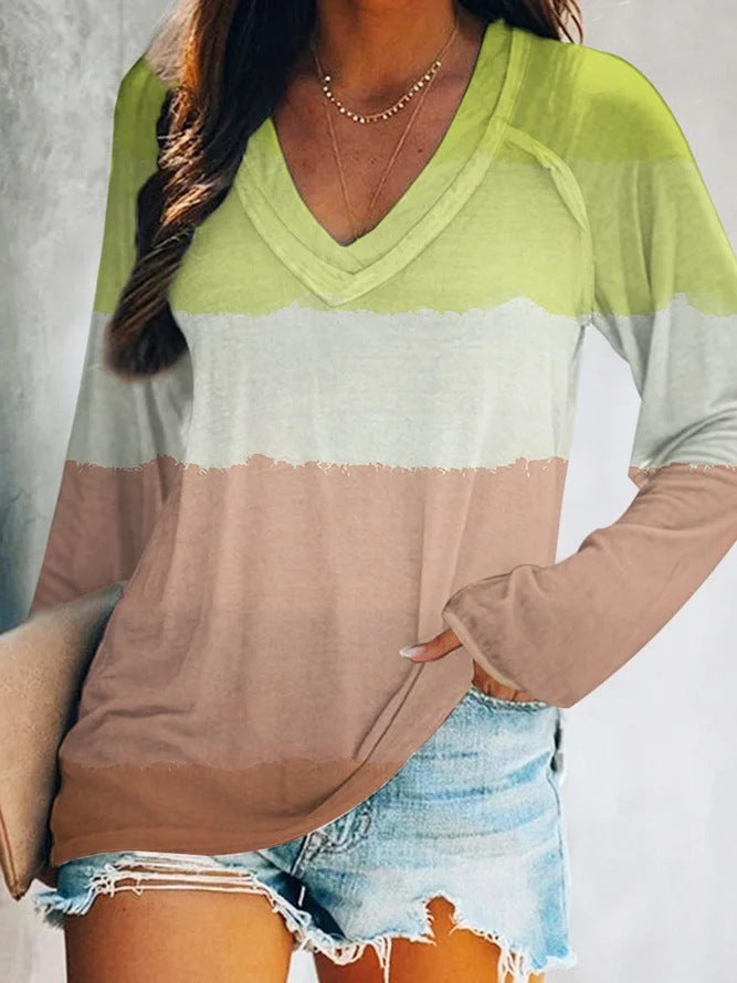 Autumn And Winter Women's Tie Dye Gradual Print V-Neck Long Sleeve T-Shirt Woman