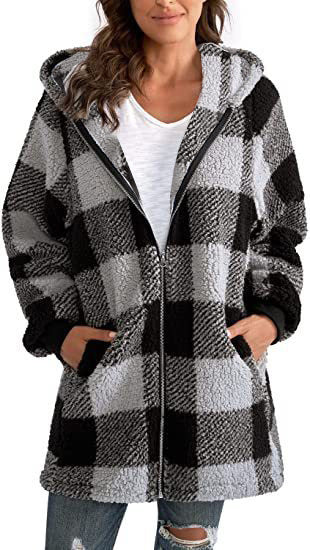 Plush Women's Coat New Long-Sleeved Plaid Hooded Zipper With Pocket Loose Coat