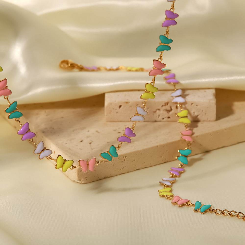 5pcs Women's Fashion 100 Accessorize With 18-Karat Gold Stainless Steel Dripping Bracelet Colorful Enamel Butterfly Collar Necklace Set