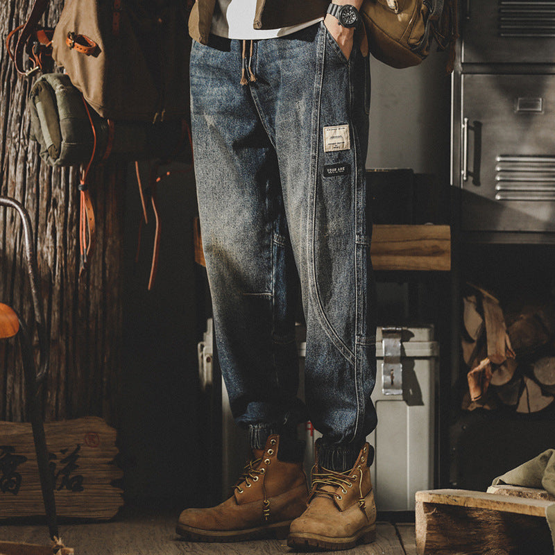 Heavy Vintage Cargo Pants Men Spring And Autumn Loose Large Size Jeans Men Autumn Bunched Feet Wide Leg Casual Pants