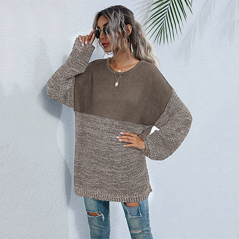 Color Contrast Round Neck Long Sleeve Knitted Sweater - Women's Medium-Length Fashion