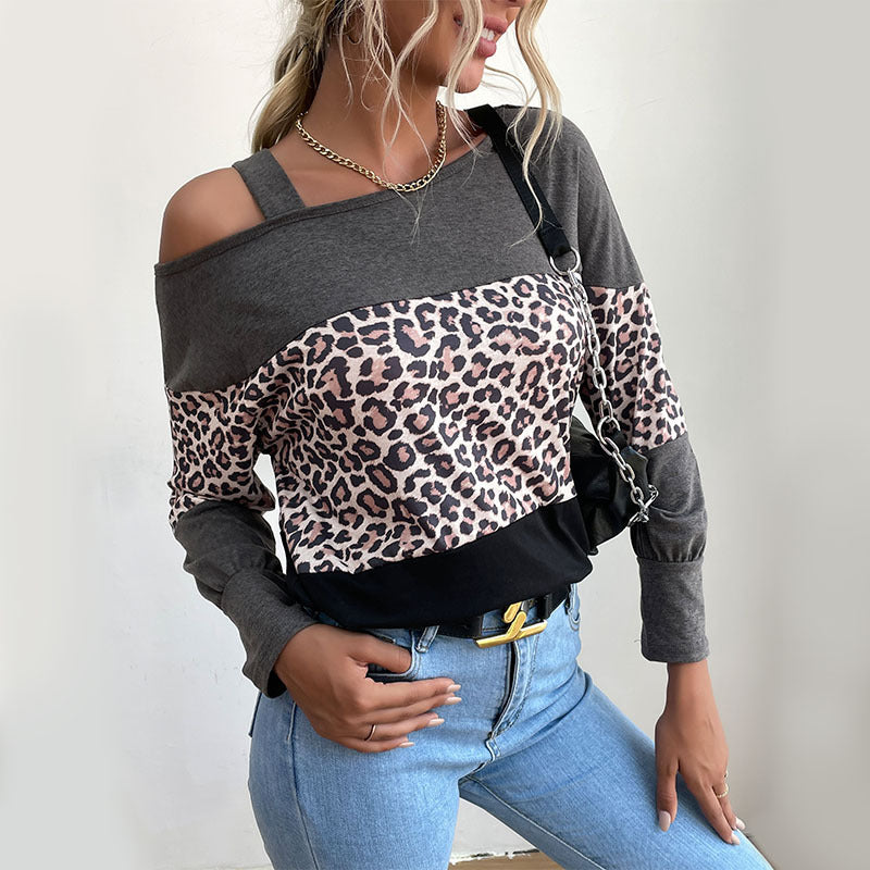 Autumn and Winter New Leopard Print Splicing Top: Line Collar, Hollowed Out Shoulders, and Casual Elegance