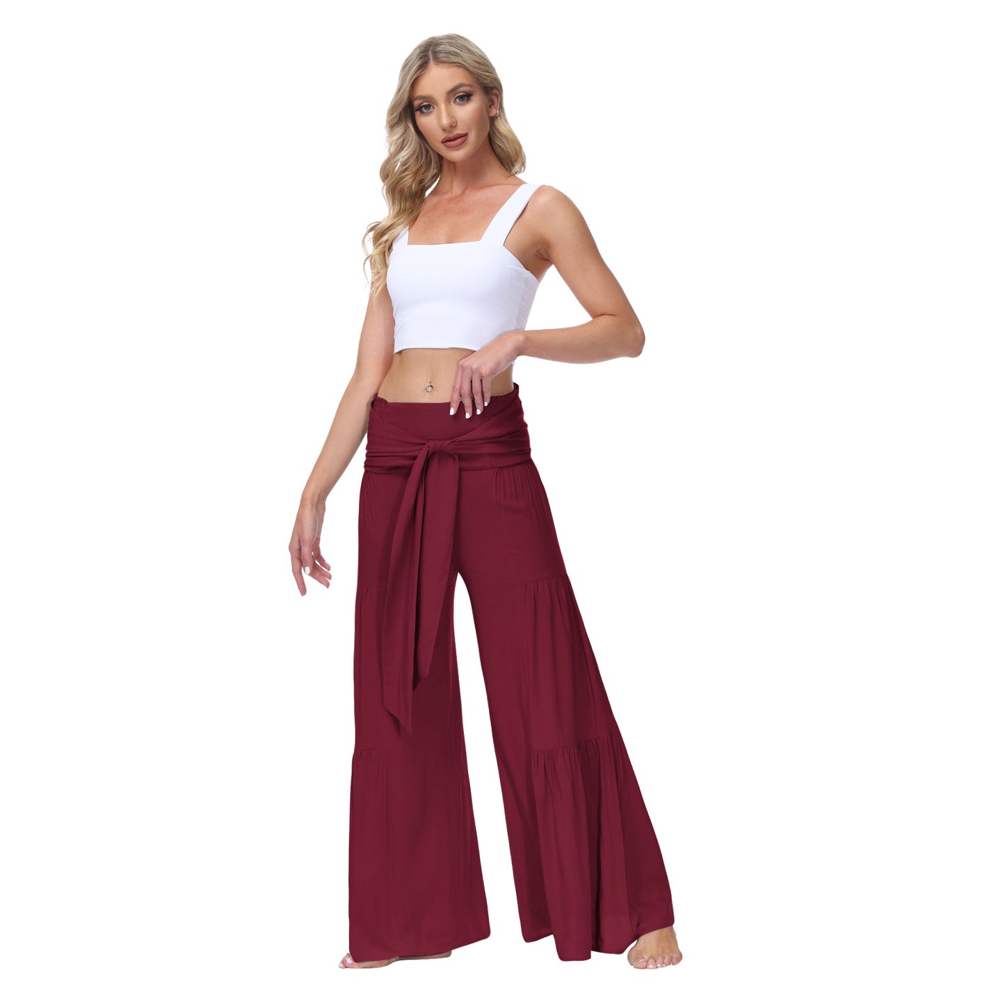 Women's Fashion Temperament Lace-Up Elastic Waist Pleated Wide-Leg Pants Casual Loose Pants