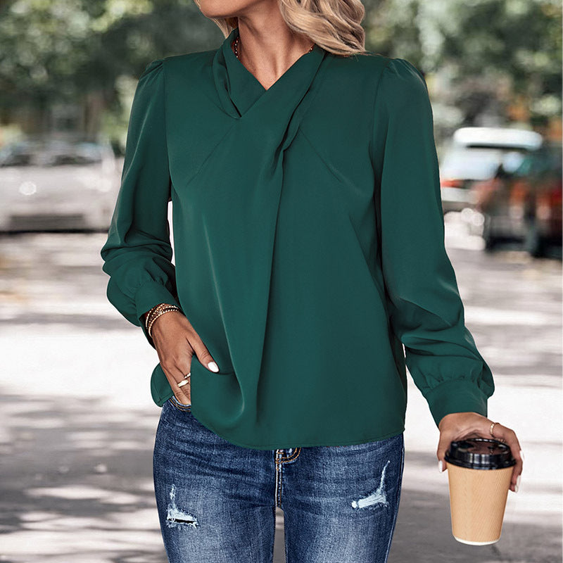 Autumn New Fashion Women Solid Color Pullover Long-Sleeved Shirt