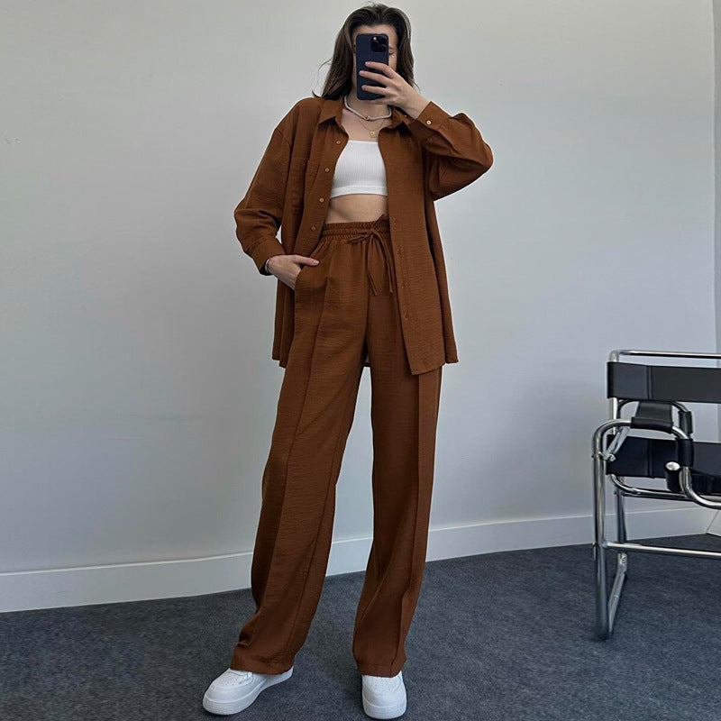 Women's Autumn And Winter Long-Sleeved Shirt Folds Elastic Waist Trousers Elegant Two-Piece Set New