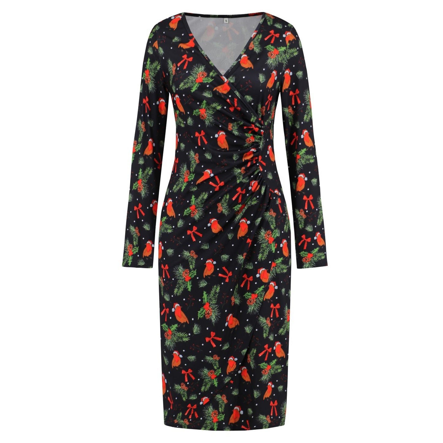 Christmas Printed Dress V-Neck Slimming Slim Dress Autumn And Winter Women's Plus-Size