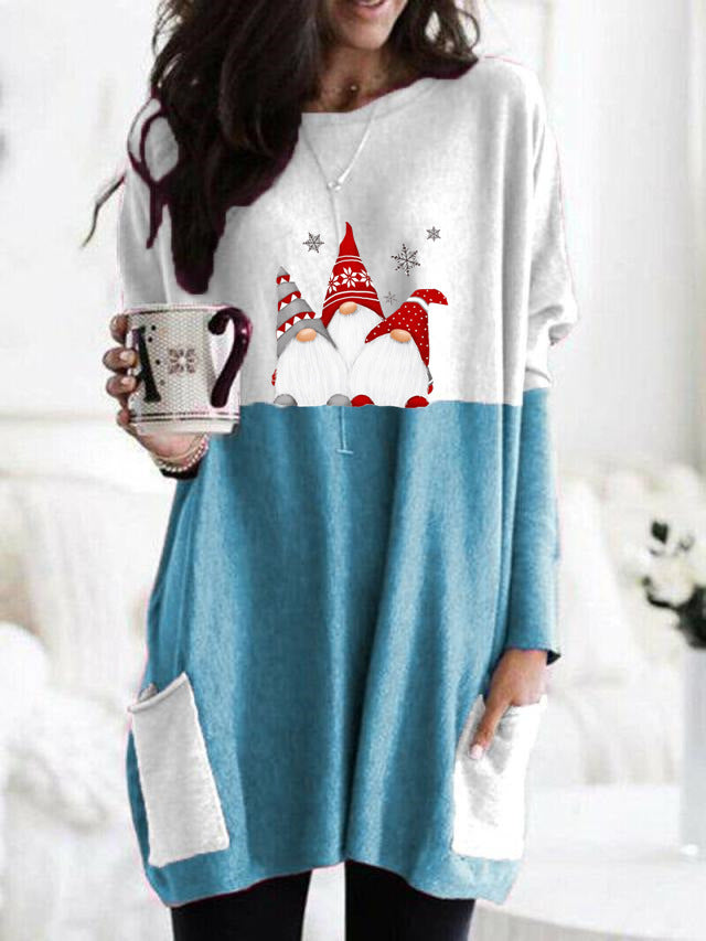 Christmas Printing New Long-Sleeved Color Casual Pocket T-Shirt Shirt Women's Clothing