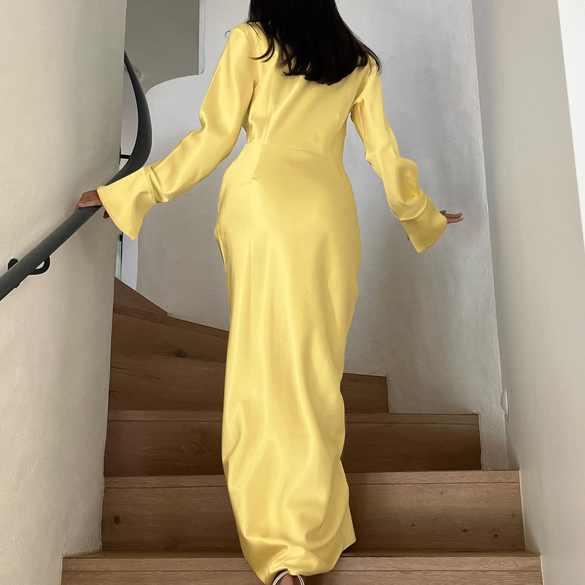 Lapel Flared Sleeve Slit High-Waisted Dress New Spring Fashion Dress
