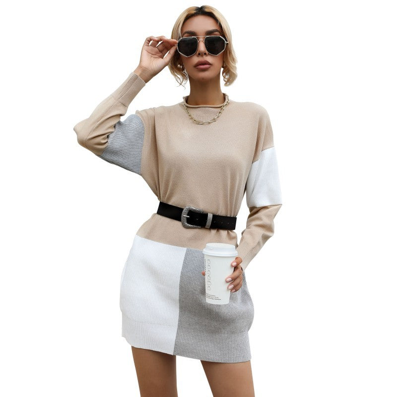 Autumn Women's Casual Long Sleeve Loose Sweater Dress with Chic Color Collocation