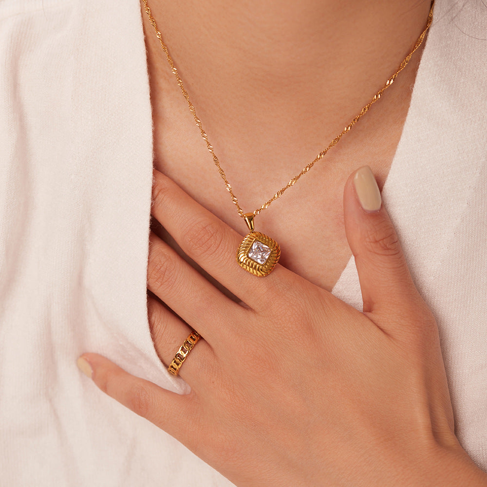 5pcs New Stainless Steel Necklace 18K Gold Square Rib Buttons White // Green Zircon Pendant Necklace For Women