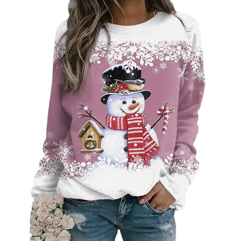 Christmas Round Neck Women's Hot Snowman Print Women's T-Shirt Autumn And Winter Loose Hoodie