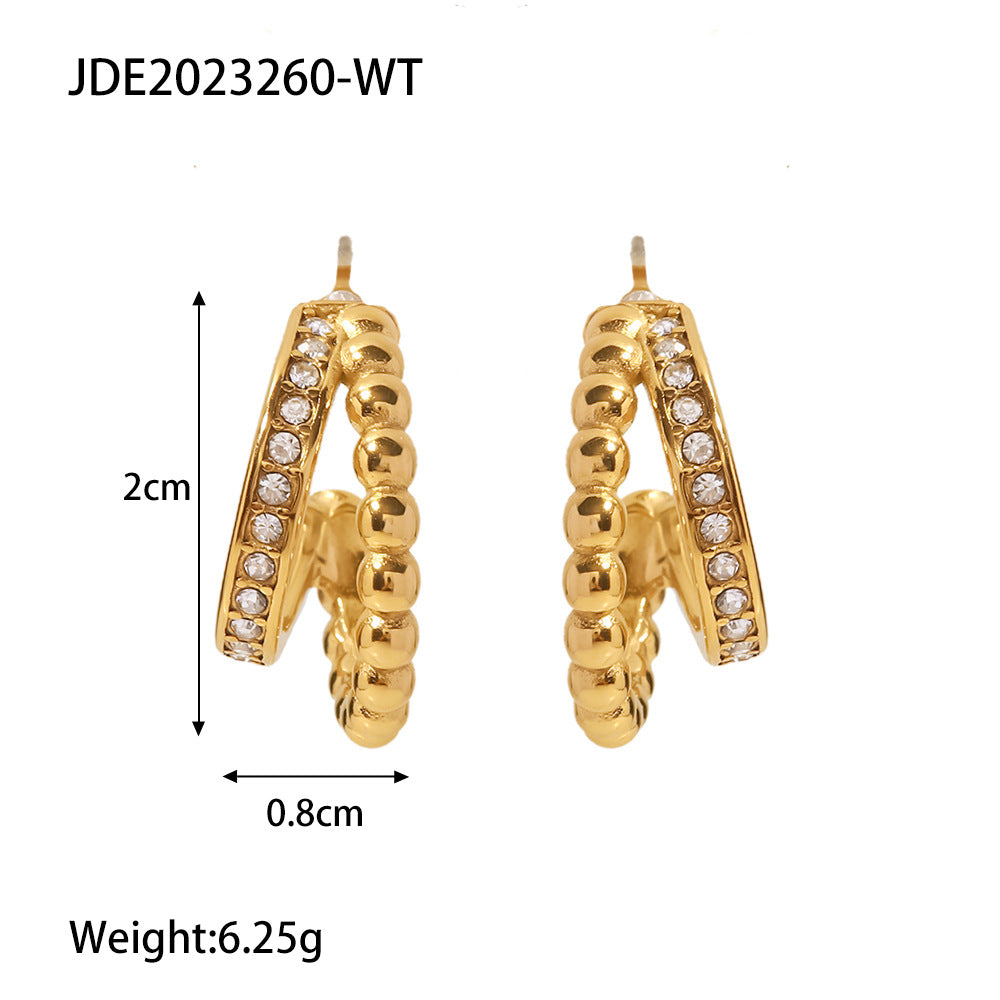 5pcs New Women's All-Match Titanium Steel Earrings Stainless Steel Plated 18-Karat Gold Set With Green/White Diamond Geometric C-Shaped Earrings