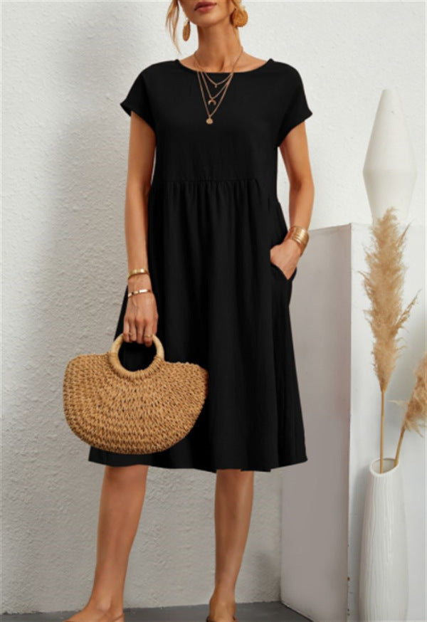 Fashion Ol Quality Women's Solid Color Cotton Linen Round Neck Set A-Line Skirt Dress