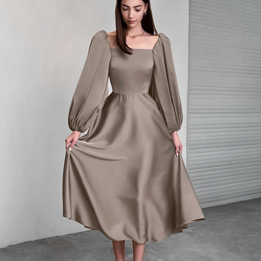 Spring Sexy Temperament Sense Party Evening Dress Fashion Color Satin Satin Square Neck Puffy Sleeve Dress