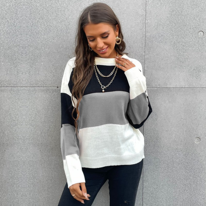 Striped Color Patchwork All-Match Knitwear Pullover Sweater for Women