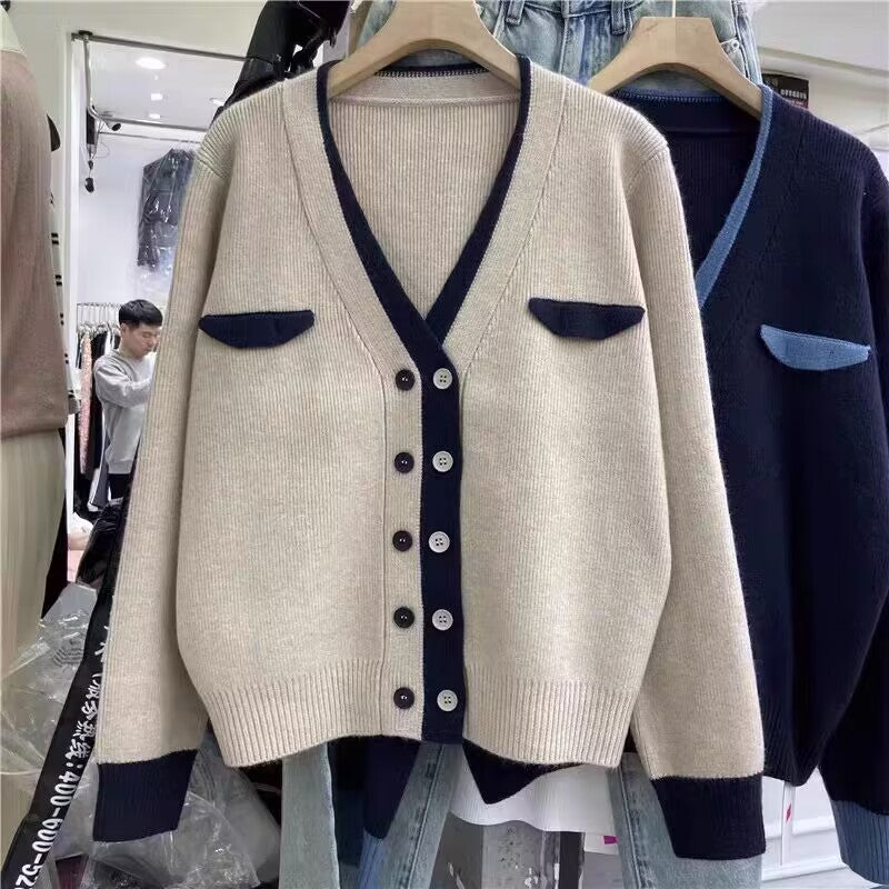 Small Fragrance Quality Double Breasted Knitted Cardigan Women's Design Sense Of Color Patchwork Small Soft Waxy Sweater Coat Top