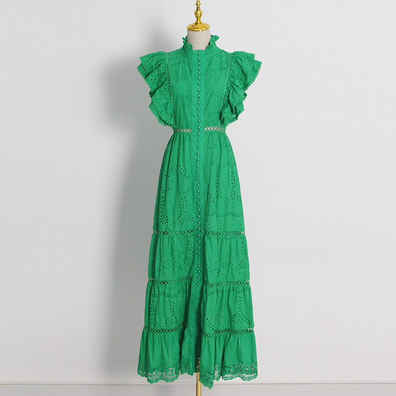 Fashion Solid Color Long Dress Spring New Fashion High-Neck Sleeveless Hollow Embroidery Dress