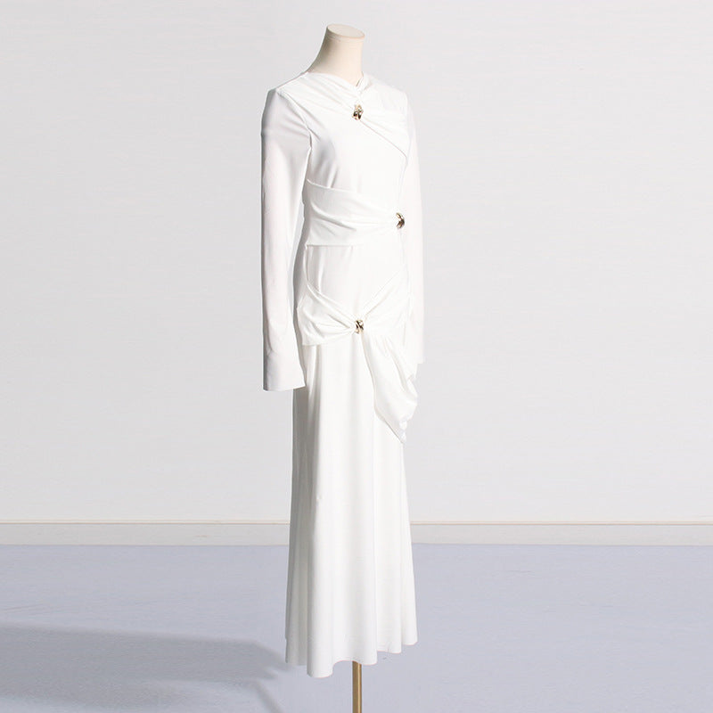 Temperament Socialite Style Spring New Fashion Crease Design Crease Collar Pullover Long Dress