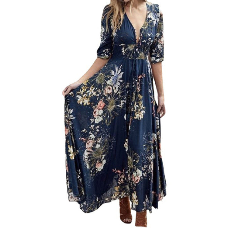 Summer Low-Key Luxury Simple Girls Plus-Size Women's Personalized Print Design V-Neck Sexy Dress