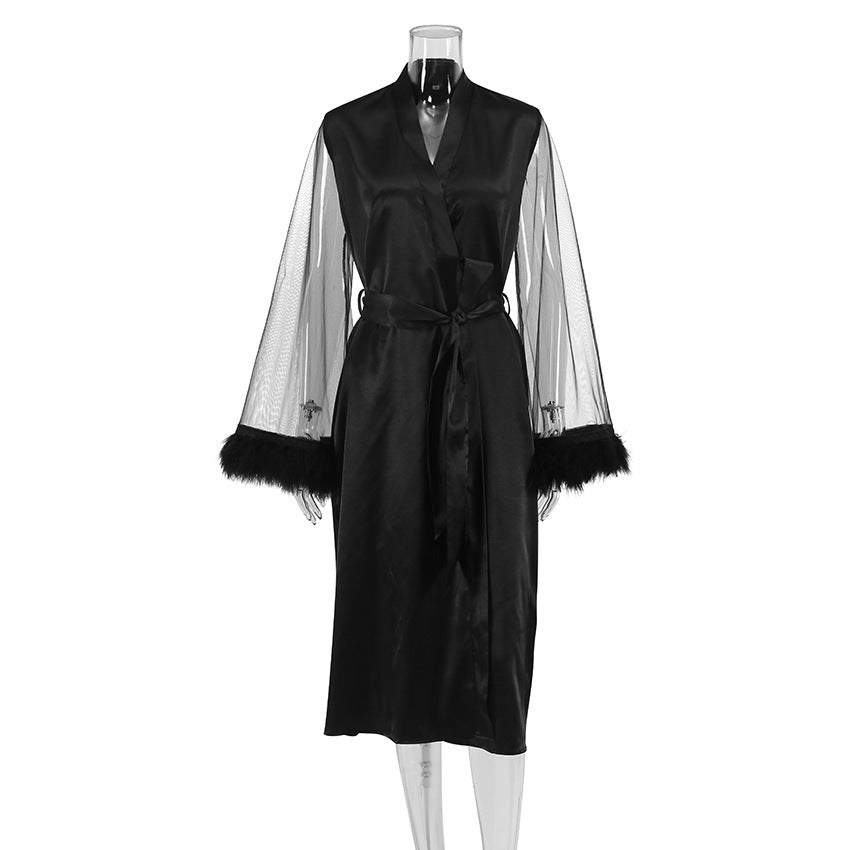 Spring And Summer Feather New Sexy Ice Silk Nightgown Woman Cardigan Binding Gauze Sweat Steaming Dress Home Dress Woman