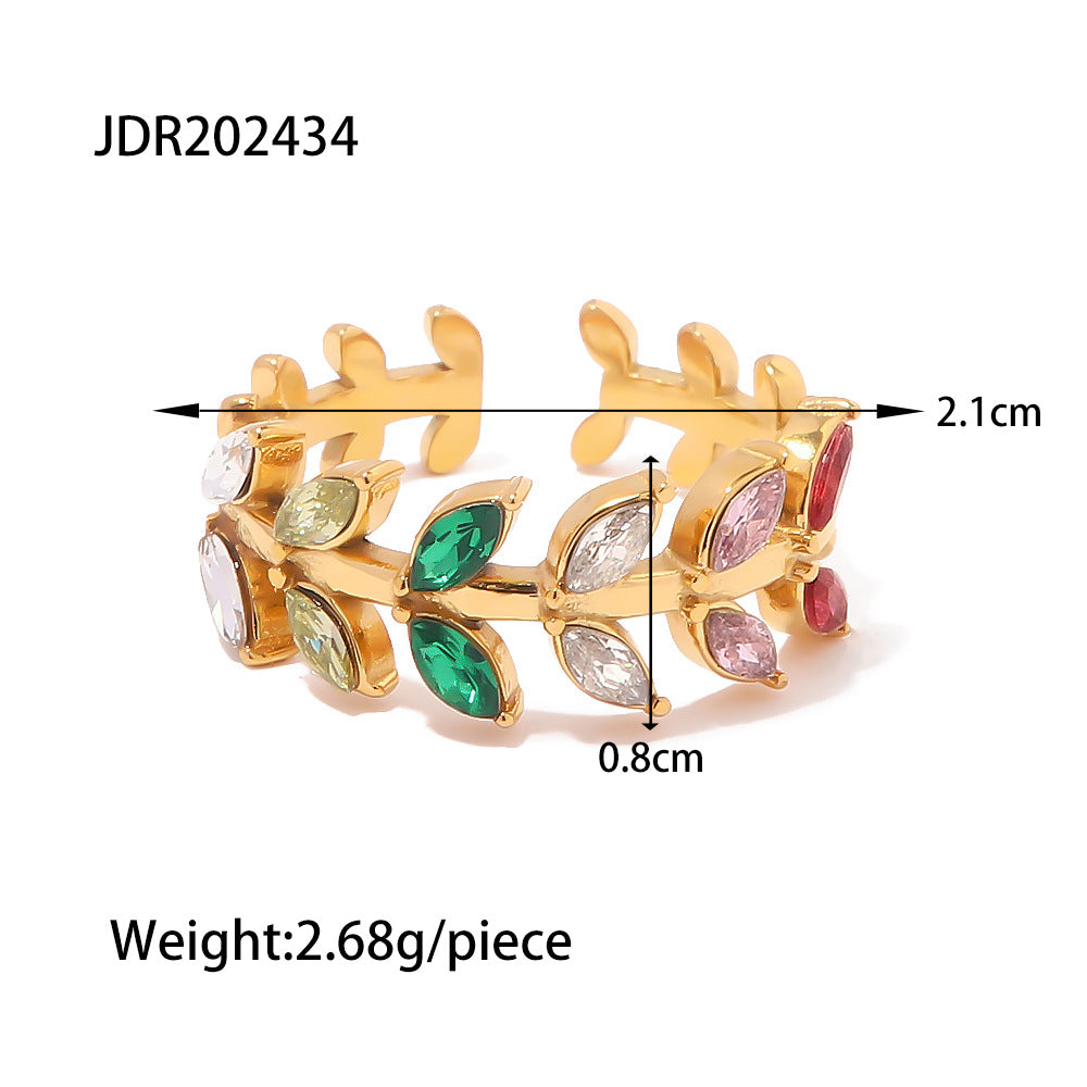 5pcs 18K Gold-Plated Zircon Leaf Opening Ring Women's Fashion All-Match Titanium Steel Ring