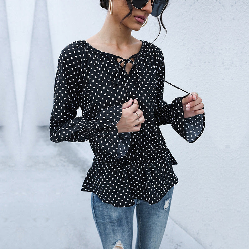 Fashion Women's Tie Black Polka Dot Long-Sleeved Shirt Women Spring And Autumn