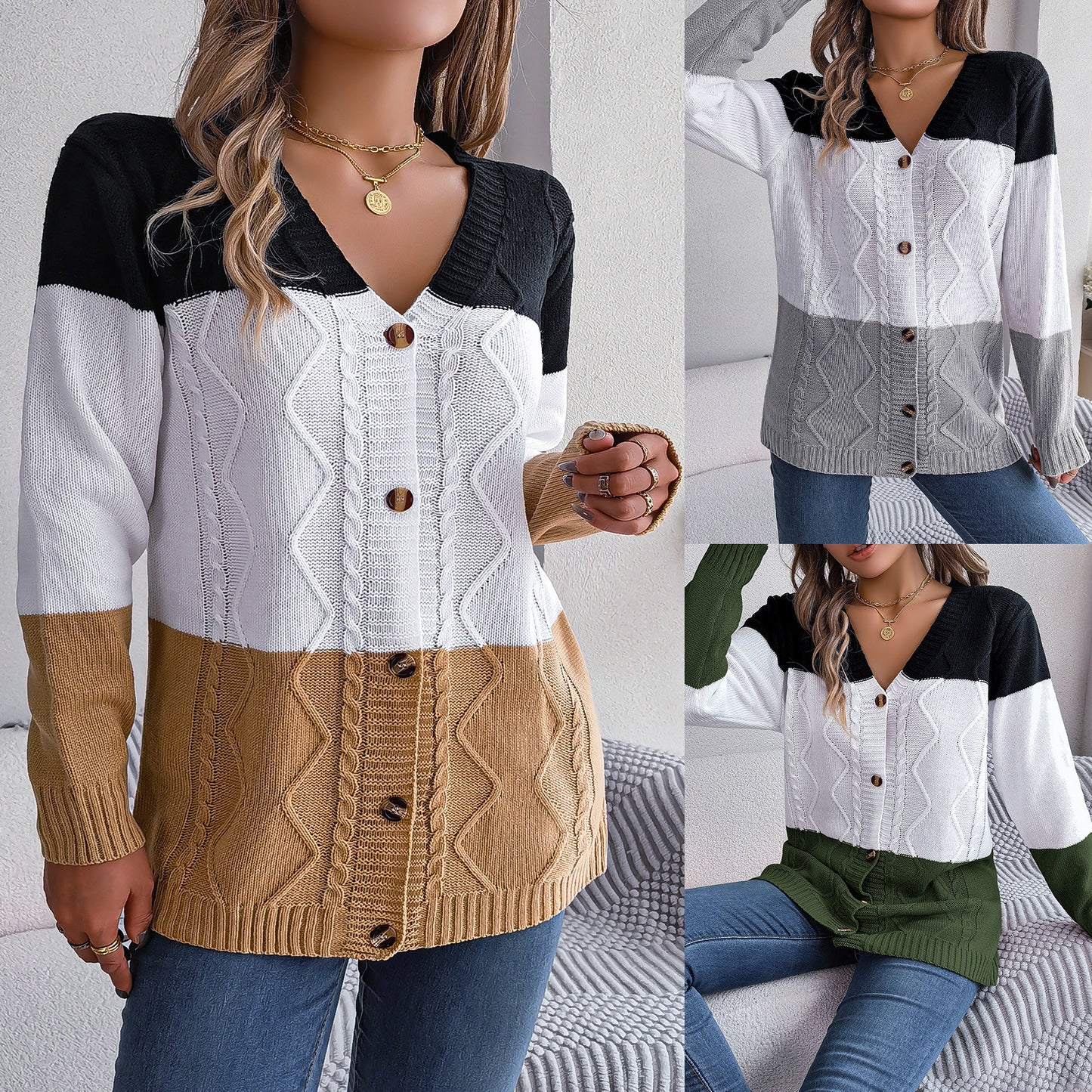 Style Autumn And Winter Casual Color Contrast Button Long Sleeve Sweater Cardigan Coat Women's Wear