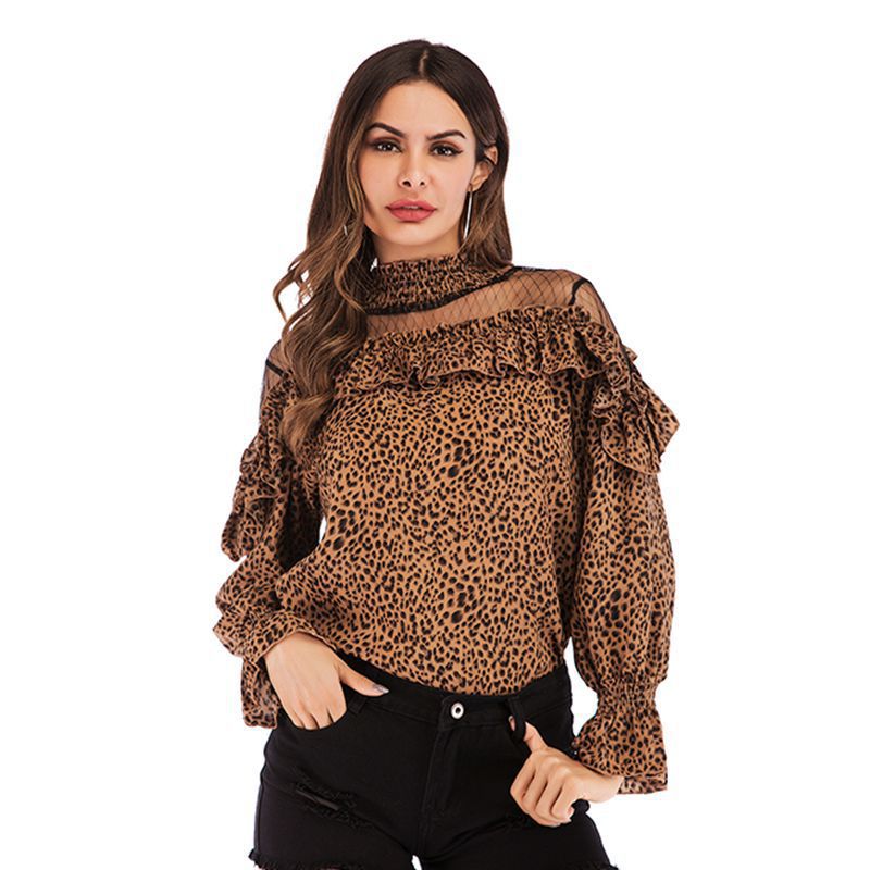 Chiffon Polka Dot Women's Top Autumn New Trumpet Sleeve Mesh Stitching Ruffled Edge