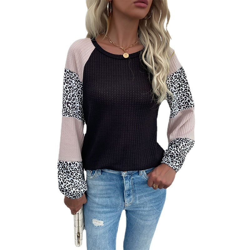 Fall New ern Style Long-Sleeved Waffle Top Spliced Leopard Knit