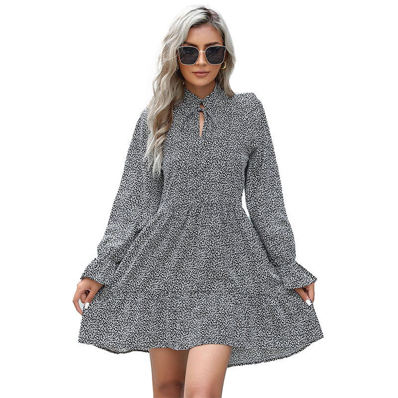 New Autumn Winter Fashion Women's Print Long-Sleeved Semi-High-Neck Dress