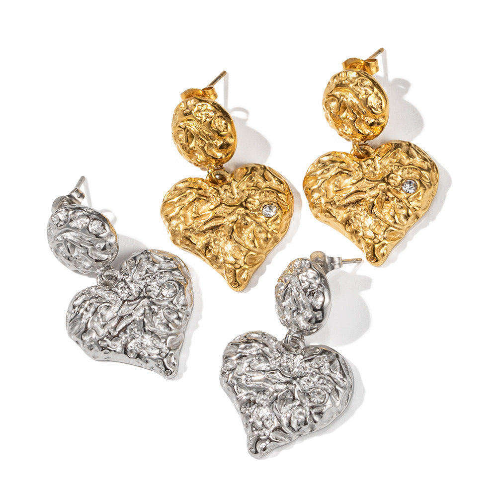 5pcs Earrings 18K Gold Stainless Steel Zircon Lava Forged Heart Shaped Pendant Earrings