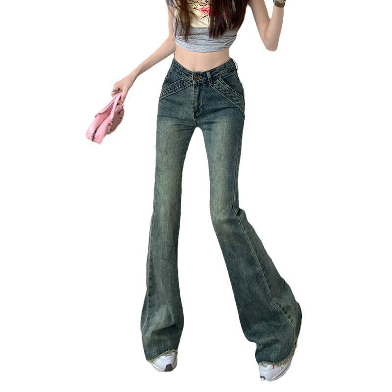 High-Waisted Micro-Cut Jeans Girl Spice Retro Raw Edge Design Sense Slim Loose Straight Tube Flared Floor Pants