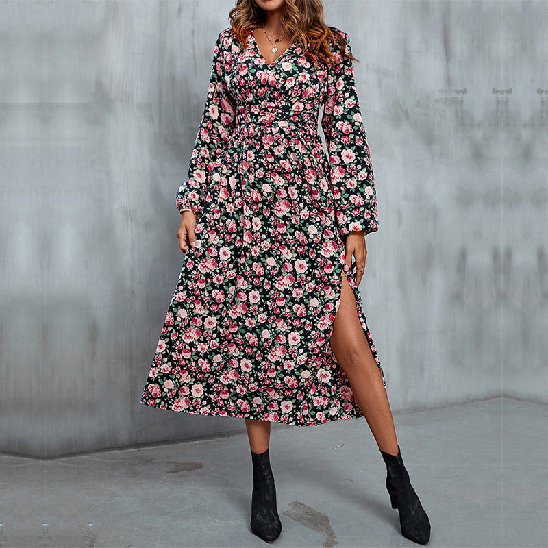 Autumn New Women's Printing Slit Dress Long Skirt