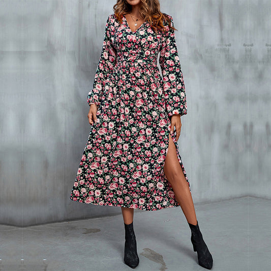 Autumn New Women's Printing Slit Dress Long Skirt